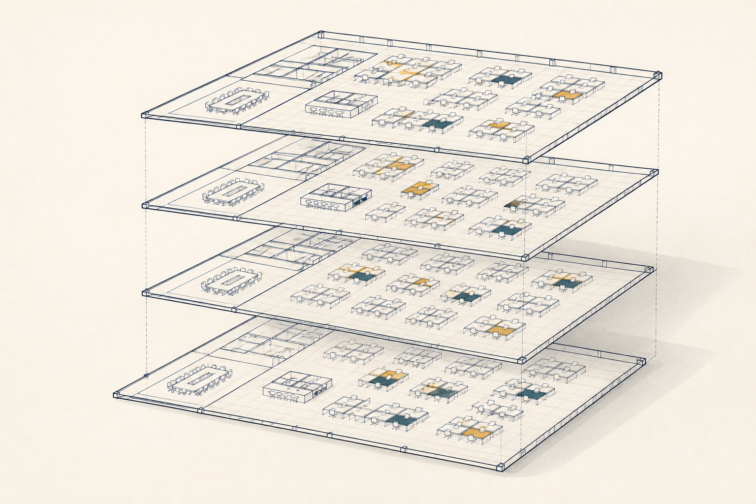 Exploded stack of office floor plates, desks and meeting rooms drawn as thin plans with a few desks picked out as booked