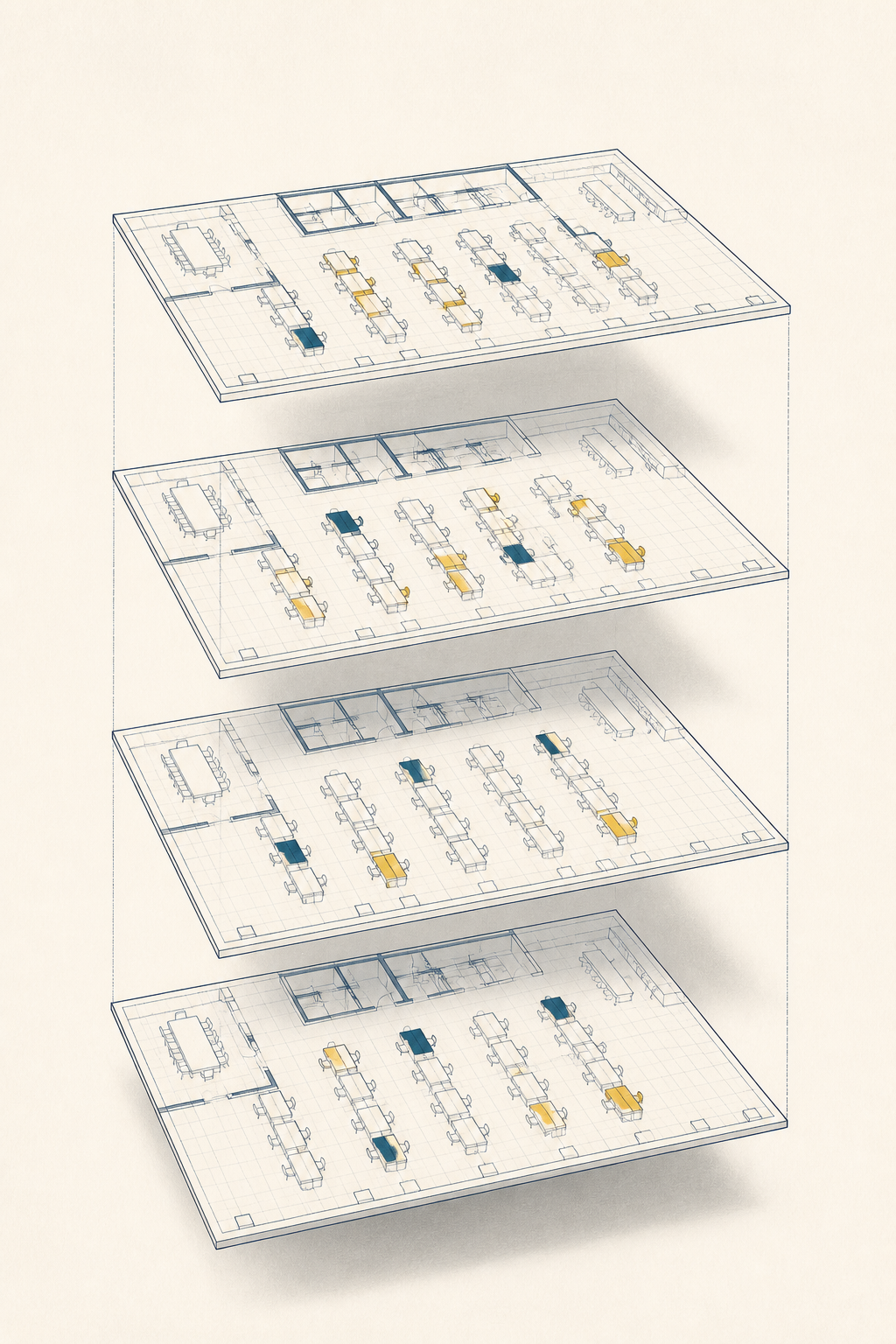 Exploded stack of office floor plates, desks and meeting rooms drawn as thin plans with a few desks picked out as booked